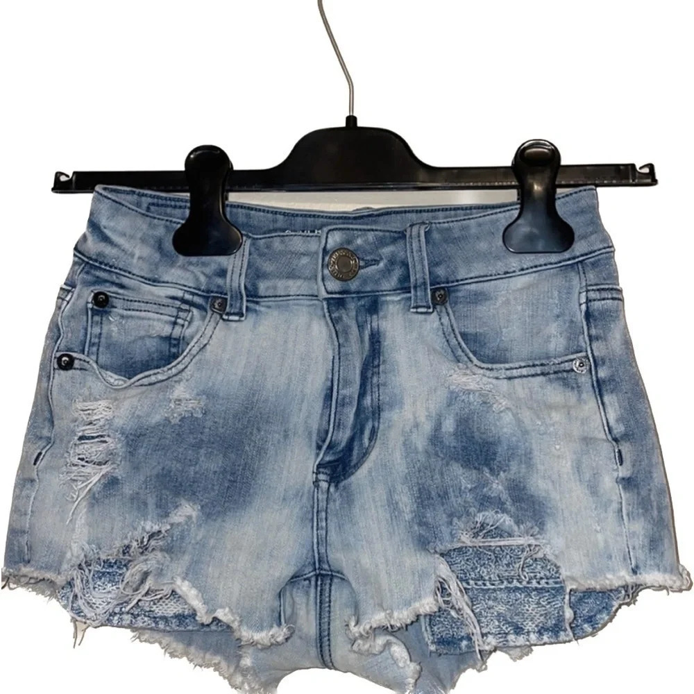 American eagle outfitters women shorts 00 Jean denim high rise shortie fray AEO
